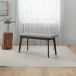 Goldoma solid wood upholstered bench with fabric - mid-century style entryway bench with tapered legs and neutral fabric cushion