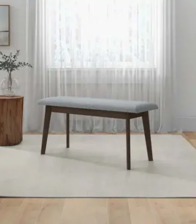 Goldoma solid wood upholstered bench with fabric - mid-century style entryway bench with tapered legs and neutral fabric cushion