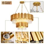 Elegant gold crystal chandelier with 17 lights illuminating a modern dining room