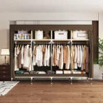 Portable wardrobe with 4 hanging areas and 4 storage zones for small space organization