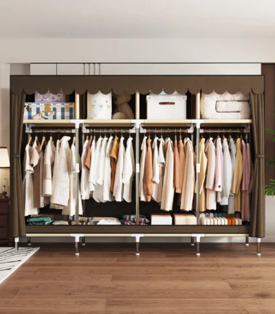 Portable wardrobe with 4 hanging areas and 4 storage zones for small space organization