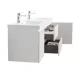 Glossy white MDF painted floating bathroom vanity, side view emphasizing its slim profile and wall-mounted installation.