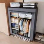 Portable wardrobe with shelves - freestanding clothes organizer with non-woven fabric cover and metal frame