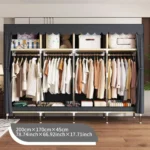 Portable wardrobe with 4 hanging areas and 4 storage zones for small space organization