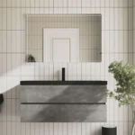 48-inch modern floating bathroom vanity in industrial grey, single sink, front view against a tiled wall.