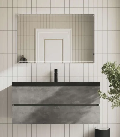 48-inch modern floating bathroom vanity in industrial grey, single sink, front view against a tiled wall.