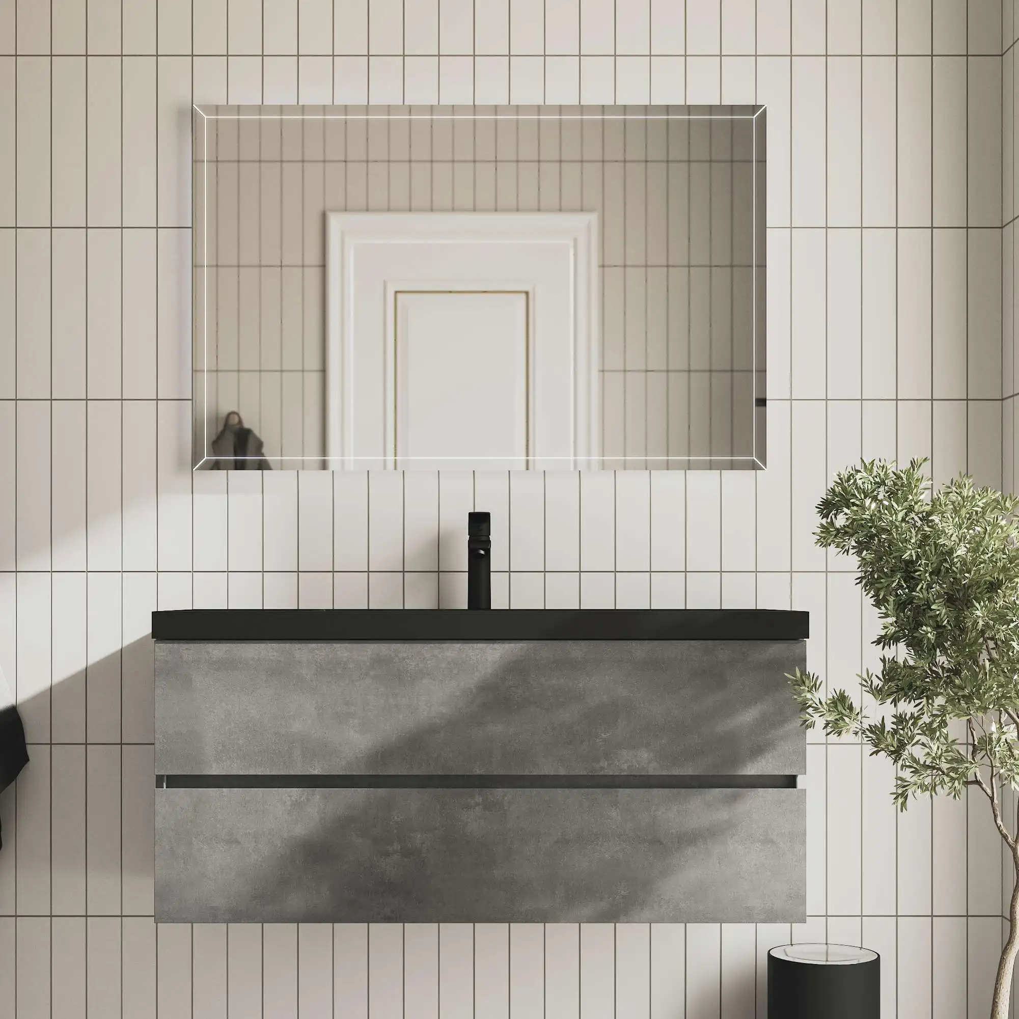 48-inch modern floating bathroom vanity in industrial grey, single sink, front view against a tiled wall.