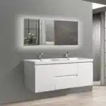 Close-up of the glossy white floating bathroom vanity showing the smooth MDF painted surface and sleek handle hardware.