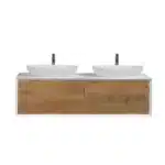 Side angle of the 55-inch double sink vanity, highlighting the floating design and wood grain finish.
