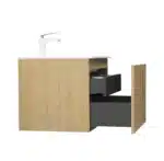 Goldoma 24in wall-hung vanity with matte white basin, open shelf beneath for storage, in a bright bathroom with natural