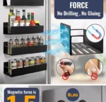 Black magnetic spice rack attached to refrigerator side, holding spice jars neatly organized