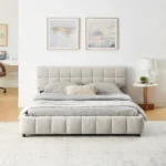 Goldoma queen tufted headboard platform bed frame with velvet upholstery and storage drawers in modern bedroom