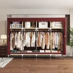 Portable wardrobe with 4 hanging areas and 4 storage zones for small space organization