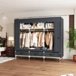 Portable wardrobe with 3 drawers and 6 shelves in a bedroom