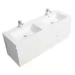 Floating bathroom vanity in glossy white, angled view revealing the open shelf beneath and minimalist design.