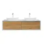 The double sink vanity installed in a commercial bathroom, with tiled floor and wall, and ample counter space for