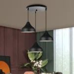 Pendant lights in a corner of a bedroom, with a plant and bookshelf nearby.