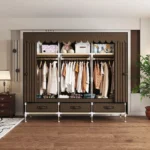 Portable wardrobe with 3 drawers and 6 shelves in a bedroom