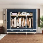 Portable wardrobe with 3 drawers and 6 shelves in a bedroom