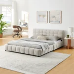 Goldoma queen tufted headboard platform bed frame with velvet upholstery and storage drawers in modern bedroom