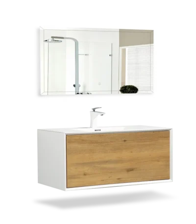 Wholesale 36 inch single sink bathroom vanity in white, wall-mounted with storage cabinet, front view in a modern