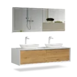63 inch double sink floating vanity in a modern bathroom setting, with a mirror and sconces above, and a towel rack