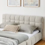 Goldoma queen tufted headboard platform bed frame with velvet upholstery and storage drawers in modern bedroom
