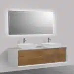 White double sink floating bathroom vanity with marble top and two cabinets, front view in a bright bathroom.