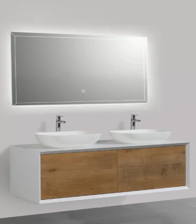 White double sink floating bathroom vanity with marble top and two cabinets, front view in a bright bathroom.