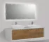 White double sink floating bathroom vanity with marble top and two cabinets, front view in a bright bathroom.
