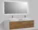 White double sink floating bathroom vanity with marble top and two cabinets, front view in a bright bathroom.