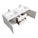 Luxury 60-inch floating vanity with glossy white finish, set in a bright bathroom with marble countertop and mirror.
