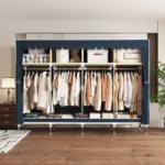 Portable wardrobe with 4 hanging areas and 4 storage zones for small space organization