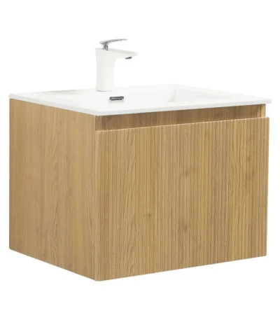 Goldoma 24in wall-hung bathroom vanity with matte white resin basin, front view in a modern bathroom setting.