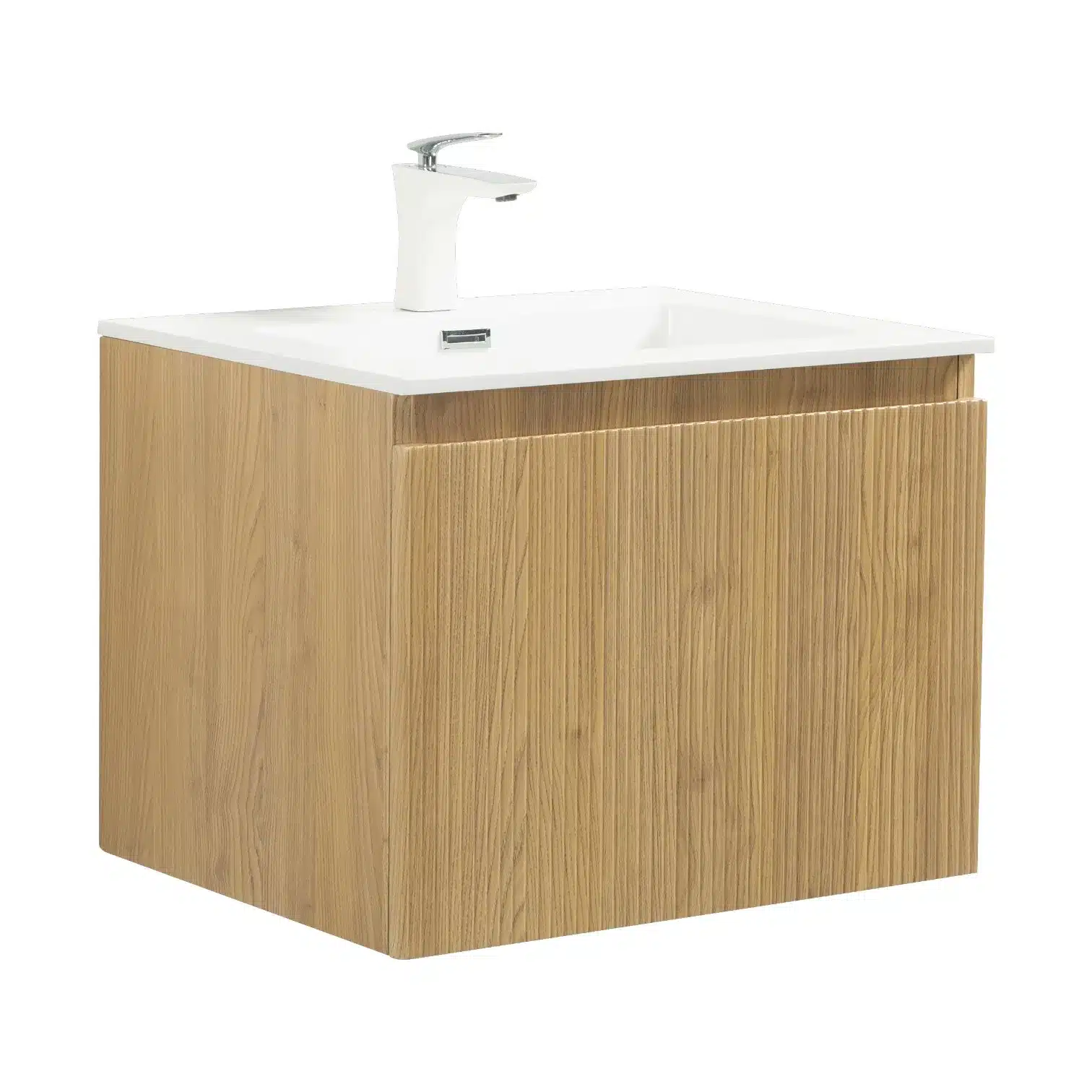 Goldoma 24in wall-hung bathroom vanity with matte white resin basin, front view in a modern bathroom setting.