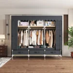 Portable wardrobe with 3 drawers and 6 shelves in a bedroom