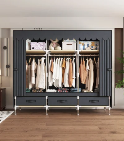 Portable wardrobe with 3 drawers and 6 shelves in a bedroom