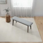 Goldoma solid wood upholstered bench with fabric - mid-century style entryway bench with tapered legs and neutral fabric cushion