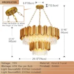 Elegant gold crystal chandelier with 17 lights illuminating a modern dining room