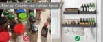Black magnetic spice rack attached to refrigerator side, holding spice jars neatly organized