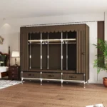 Portable wardrobe with 3 drawers and 6 shelves in a bedroom
