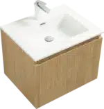 Side angle of the Goldoma 24in wall-hung vanity, highlighting its slim profile and floating design against a tiled wall.