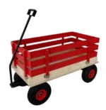 Garden trolley in green with tools like a trowel and gloves in its basket, outdoors on grass.