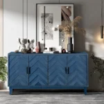 Retroy Vintage 60" Navy Blue Solid Wood Credenza Cabinet 4-Door M-Shaped Panel Buffet with Traditional Design for Dining - Image 3