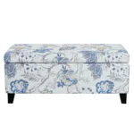 Goldoma floral storage ottoman with soft close hinges in blue floral pattern on neutral fabric