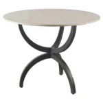 Goldoma 40 inch round marble dining table with black metal three-leg base in a modern dining room setting