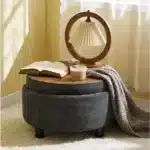 Goldoma Round Storage Ottoman with Removable Top - Modern Tufted Fabric Coffee Table Stool for Living Room – angled view