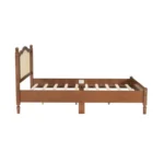 Modern teak finish full size bed with fabric upholstered headboard in a bedroom setting