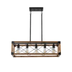 Ship From USA, 32" Walnut Industrial Farmhouse Rectangle Pendant Light, 5-Light Chandelier in a well-lit living room