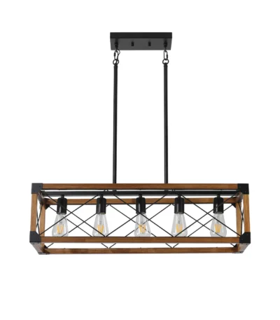 Ship From USA, 32" Walnut Industrial Farmhouse Rectangle Pendant Light, 5-Light Chandelier in a well-lit living room